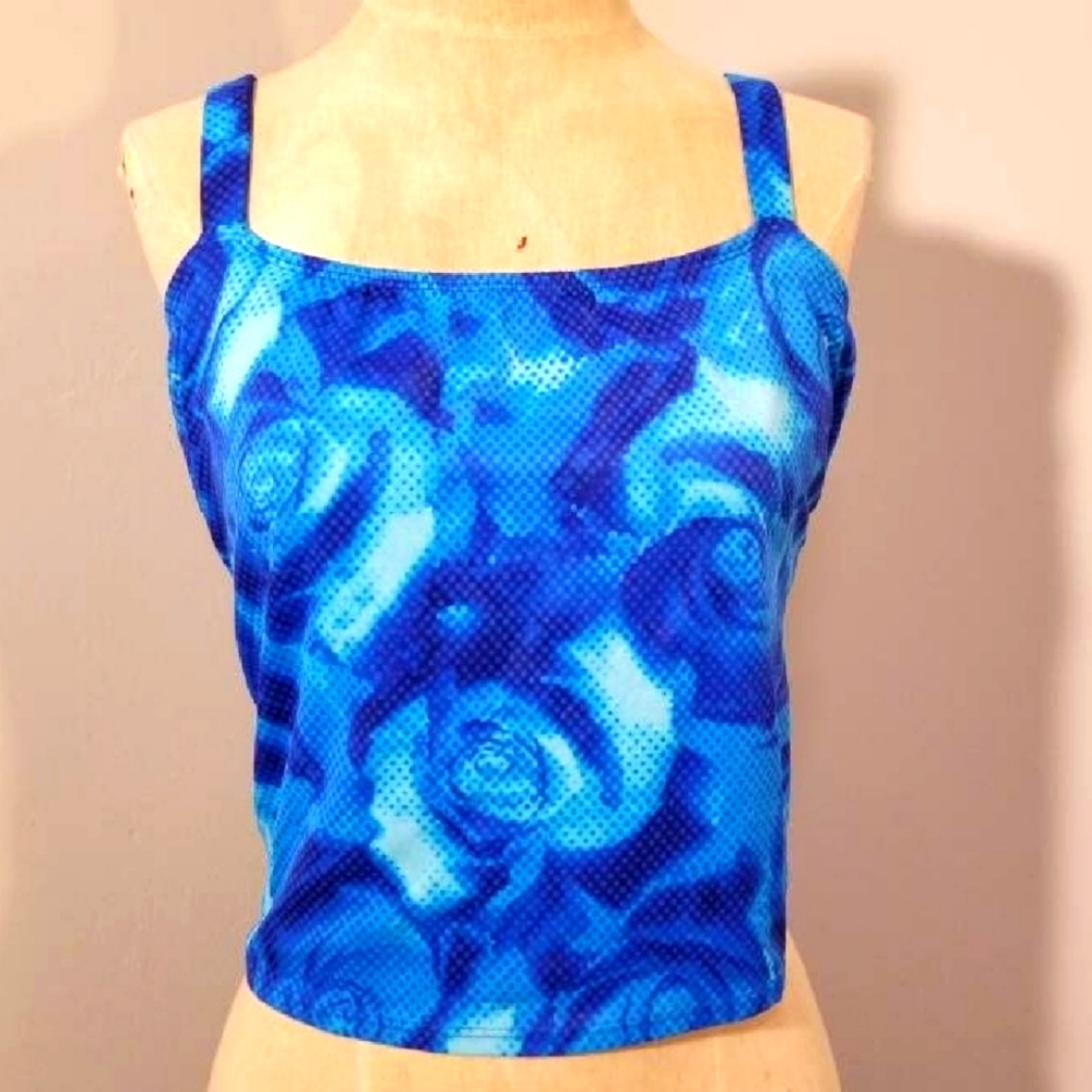 DELTA BURKE BRIGHT BLUE FLOWERS PIXEL SWIM TANK CROP TOP TANKINI PLUS VINTAGE 16